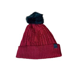 Calvin Klein Red Black Knitted Velvet Pom Pom Beanie